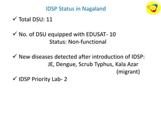  Total DSU: 11
 No. of DSU equipped with EDUSAT- 10
Status: Non-functional
 New diseases detected after introduction of IDSP:
JE, Dengue, Scrub Typhus, Kala Azar
(migrant)
 IDSP Priority Lab- 2
IDSP Status in Nagaland
 