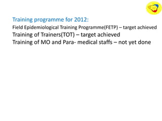 Training programme for 2012:
Field Epidemiological Training Programme(FETP) – target achieved
Training of Trainers(TOT) – target achieved
Training of MO and Para- medical staffs – not yet done
 
