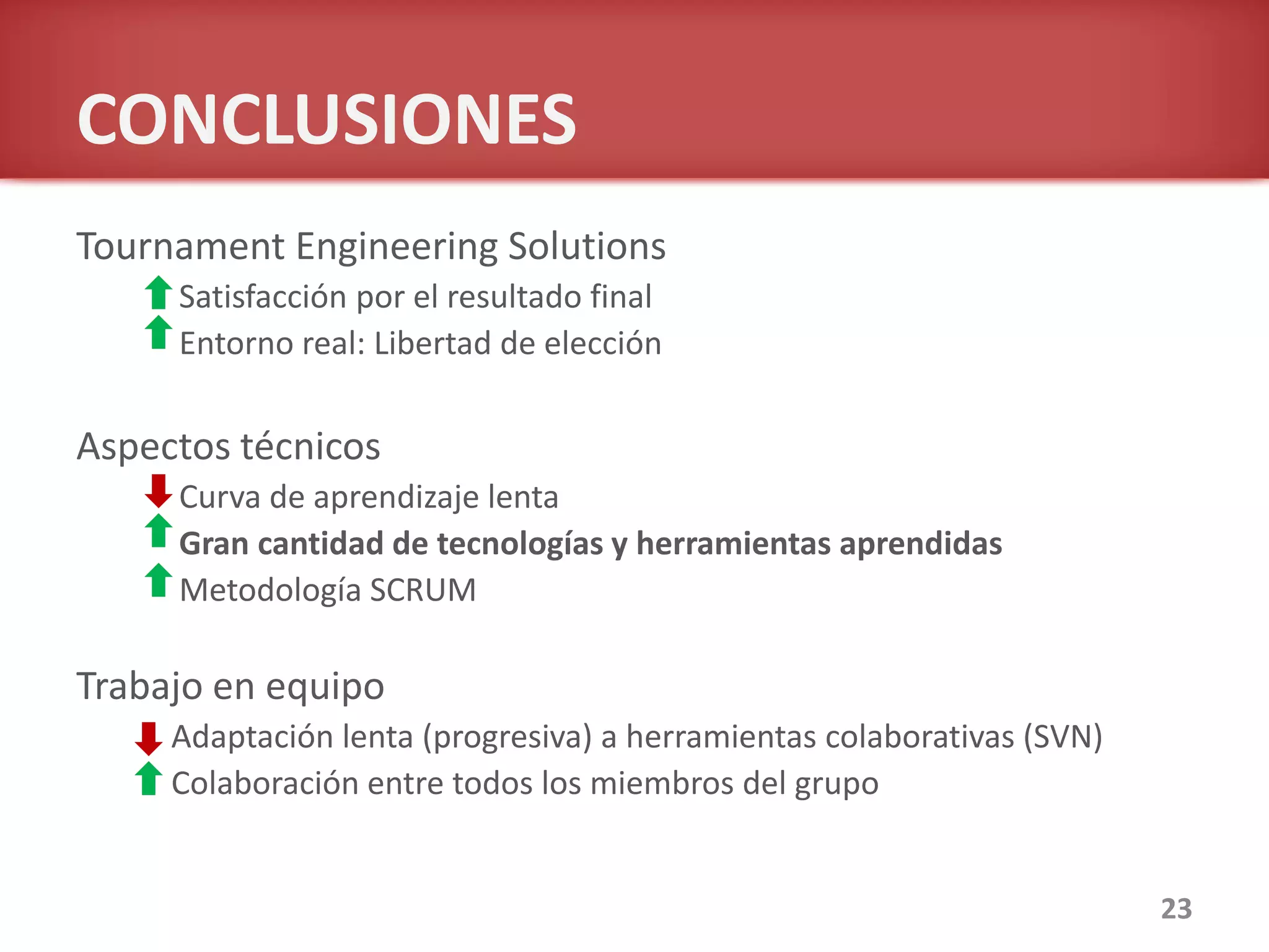 CONCLUSIONES
Tournament Engineering Solutions
Satisfacción por el resultado final
Entorno real: Libertad de elección
Aspectos técnicos
Curva de aprendizaje lenta
Gran cantidad de tecnologías y herramientas aprendidas
Metodología SCRUM
Trabajo en equipo
Adaptación lenta (progresiva) a herramientas colaborativas (SVN)
Colaboración entre todos los miembros del grupo
23
 