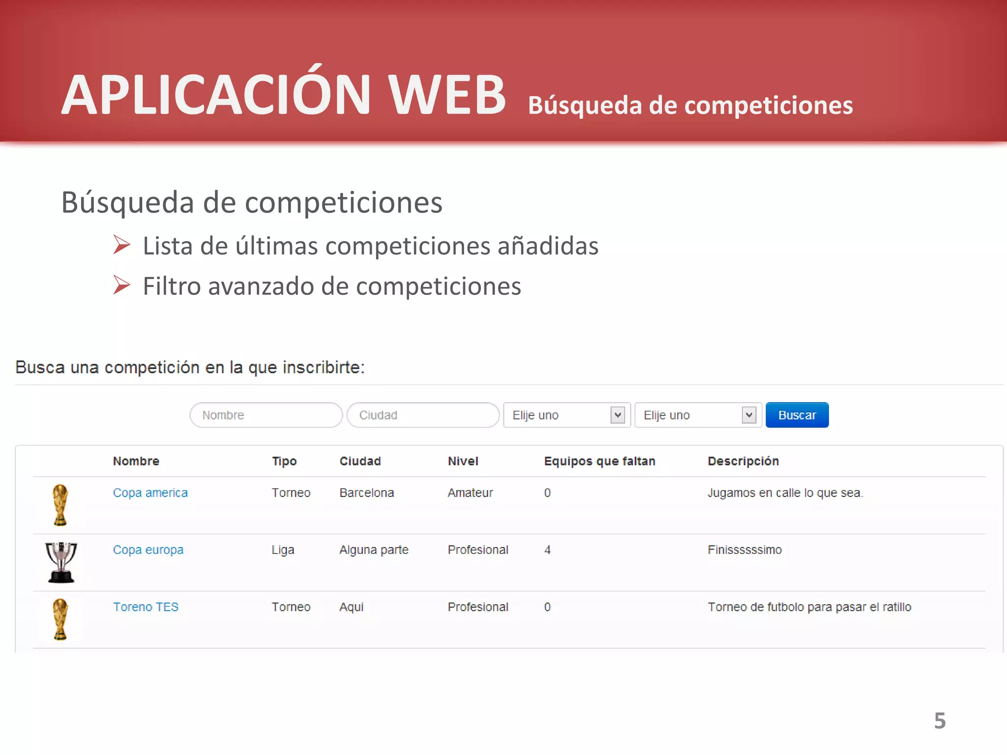 Búsqueda de competiciones
 Lista de últimas competiciones añadidas
 Filtro avanzado de competiciones
5
APLICACIÓN WEB Búsqueda de competiciones
 