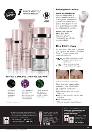 Sistema Volu-Firm™
TimeWise Repair™
Assista
ao vídeo
Recupera a suavidade da pele combatendo
os sinais avançados da idade. Ajuda a delinear
o contorno do rosto, deixando-o mais definido
e com menos linhas aparentes.
Creme Noturno Volu-Firm™
TimeWise Repair™, R$ 105,00
Combate linhas profundas,
olheiras, flacidez, bolsas e
pálpebras caídas.
Creme para a Área
dos Olhos Volu-Firm™
TimeWise Repair™
R$ 99,00
De: R$510,00
R$ 489,
00Por:
Durante a mesma pesquisa,
também foram observados
os seguintes resultados:
• Menos linhas profundas e rugas
aparentes;
• Menor quantidade de bolsas embaixo
dos olhos;
• Pele mais toniﬁcada;
• Melhora na aparência geral da pele.
100% perceberam uma diminuição
na aparência do tamanho
das rugas;
71% observaram diminuição
na quantidade das rugas.
Linhas azuis = linhas finas
Linhas vermelhas = linhas mais profundas
ANTES DEPOIS
Resultados reais
Após um estudo clínico de 12 semanas
com mulheres que usaram o TimeWise
Repair™, foram observados os
seguintes resultados:
Embalagens exclusivas:
Creme Diurno e Noturno:
Essa embalagem regula a
saída do produto, otimizando
a utilização e o aproveitamento
do creme. Ela também evita o
contato direta do produto com
o ar, garantindo a preservação
e a eficácia dos ingredientes.
Creme para Área dos
Olhos Volu-Firm™
Possui um aplicador
massageador que estimula
a microcirculação.
Entenda o exclusivo Complexo Volu-Firm™Entenda o exclusivo Complexo Volu-FirmEntenda o exclusivo Complexo Volu-FirmEntenda o exclusivo Complexo Volu-Firm
Células de plantas
que ajudam a
proteger a matriz
da pele e mantém
sua ﬁrmeza.
Um peptídeo
que ajuda no
processo de
recuperação
da pele*.
Um acelerador do
ácido hialurônico,
que ajuda
a proporcionar uma
pele mais ﬁrme e
com efeito lifting.
* Baseado em estudos in-vitro
Kit Creme Diurno e
Noturno Volu-Firm™
TimeWise Repair™
De: R$ 210,00
Por: R$ 189,00
Compre os dois produtos por um preço
especial! Eles são indispensáveis para
o seu cuidado diário com a pele.
Aproveite essa novidade.
Embalagens exclusivas:
21
A impressão pode alterar a cor real do produto
 