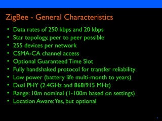 Semiconductors 4
ZigBee - General Characteristics
• Data rates of 250 kbps and 20 kbps
• Star topology, peer to peer possible
• 255 devices per network
• CSMA-CA channel access
• Optional Guaranteed Time Slot
• Fully handshaked protocol for transfer reliability
• Low power (battery life multi-month to years)
• Dual PHY (2.4GHz and 868/915 MHz)
• Range: 10m nominal (1-100m based on settings)
• Location Aware:Yes, but optional
 