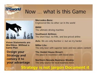Now … what is this Game
Mercedes-Benz:
Engineered like no other car in the world
BMW:
The ultimate driving machine
Southwest Airlines:
The short-haul, no-frills, and low-priced airline
Avis: We are only Number 2, but we try harder
Miller Lite:
The only beer with superior taste and low caloric content
The Heidel House Resort:
The place to reconnect with loved ones
Northern Nevada Business Weekly:
The only source for local business news
Design your
Strategy and
convey it to
your advantage
Vision Statements are
Worthless Without a
Game Plan
 