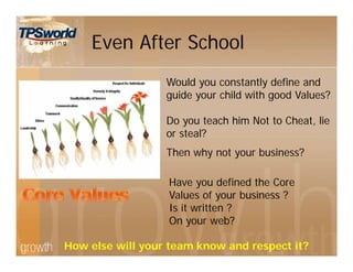 Even After School
Would you constantly define and
guide your child with good Values?
Do you teach him Not to Cheat, lie
or steal?
Then why not your business?
Have you defined the Core
Values of your business ?
Is it written ?
On your web?
How else will your team know and respect it?
 