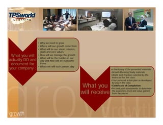 What you will
actually DO and
document for
your company :
• Why we need to grow
• Where will our growth come from
• What will be our vision, mission,
goals and core values
• How will we manage the growth
• What will be the hurdles in our
way and how will we overcome
those
• What role will each person play
What you
will receive
•a hard copy of the presented materials.
•Growth Planning Study materials
•World best Practices selected by the
instructor for this class.
•Your personal action plan as developed
by you in the class
•Certificate of Completion
•Pre and post assessments to determine
the awareness level and value gained
from the course.
 