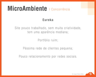 Se Jogue Nesta Idéia.
Eureka
Site pouco trabalhado, sem muita criatividade,
tem uma aparência mediana;
Portfólio ruim;
Péssima rede de clientes pequena;
Pouco relacionamento por redes sociais.
| ConcorrênciaMicroAmbiente
 
