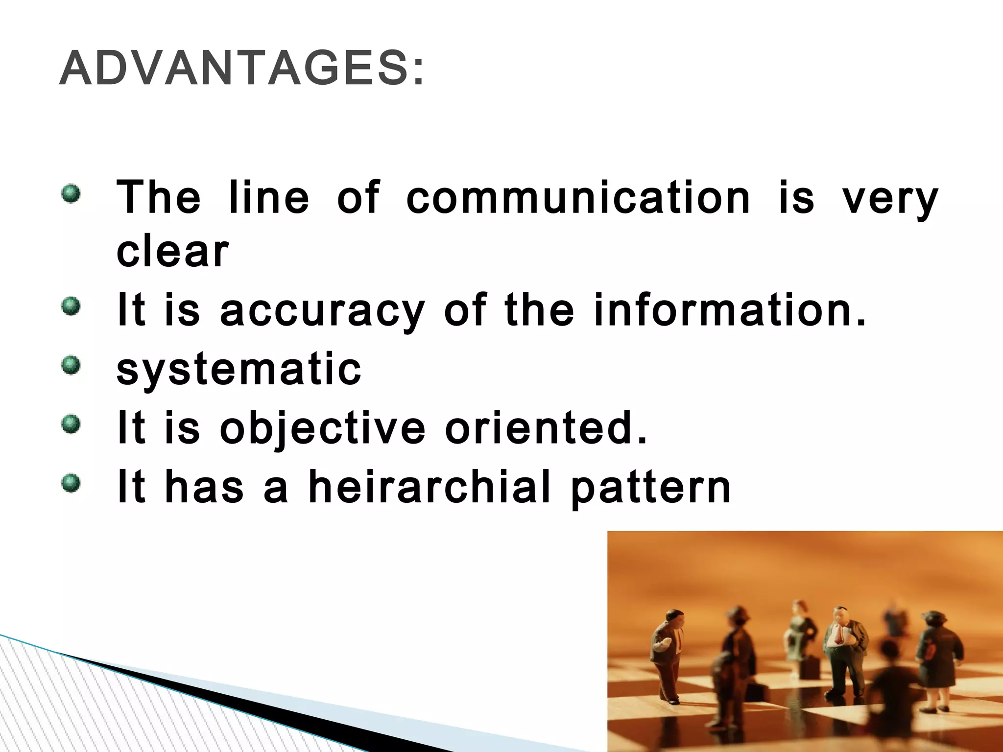 The line of communication is very
clear
It is accuracy of the information.
systematic
It is objective oriented.
It has a heirarchial pattern
ADVANTAGES:
 