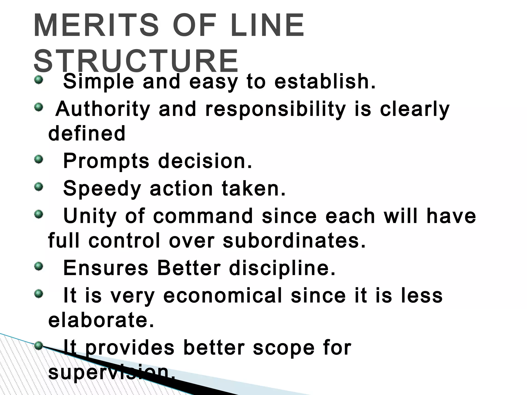 Simple and easy to establish.
Authority and responsibility is clearly
defined
Prompts decision.
Speedy action taken.
Unity of command since each will have
full control over subordinates.
Ensures Better discipline.
It is very economical since it is less
elaborate.
It provides better scope for
supervision.
MERITS OF LINE
STRUCTURE
 