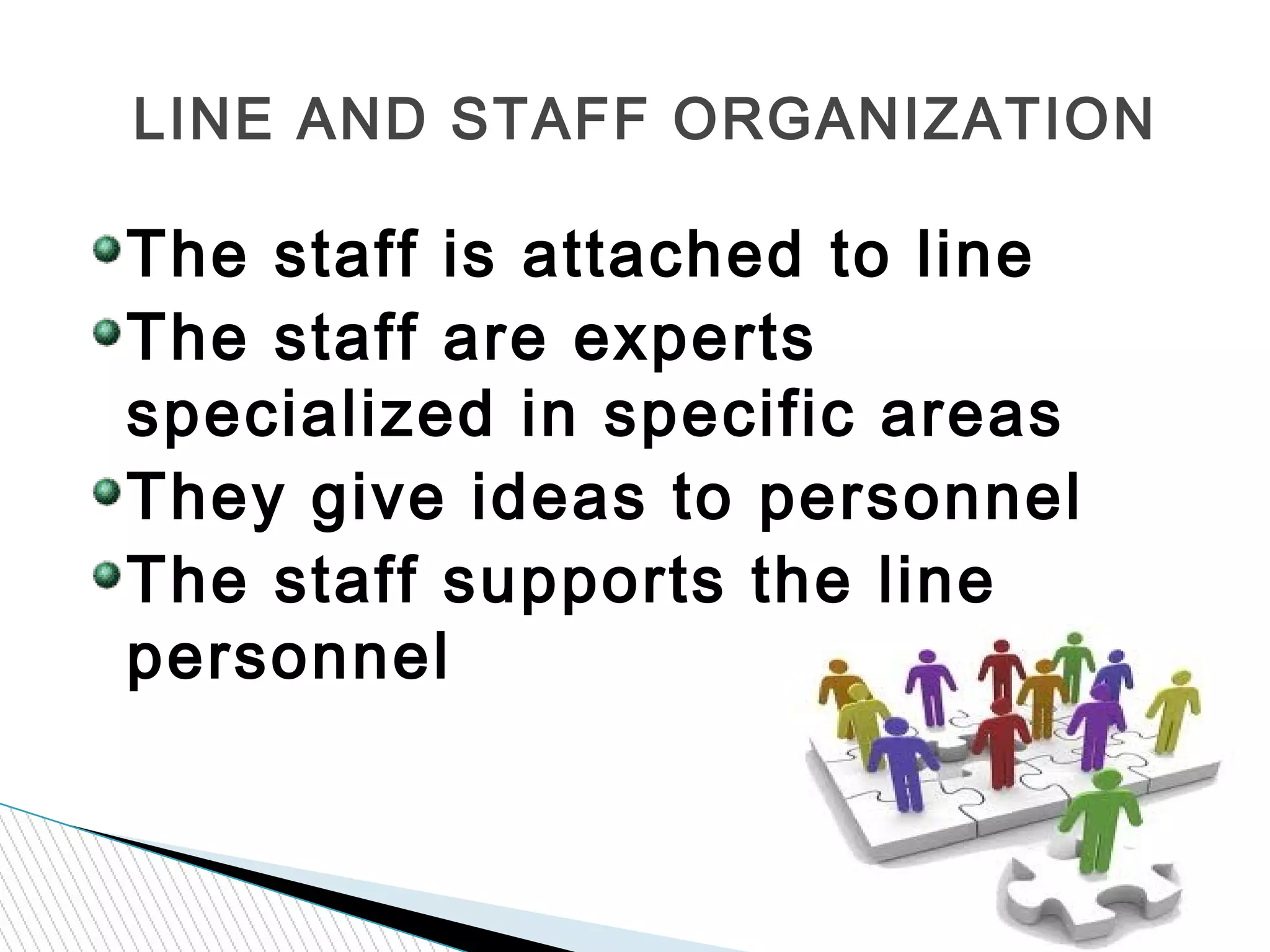 The staff is attached to line
The staff are experts
specialized in specific areas
They give ideas to personnel
The staff supports the line
personnel
LINE AND STAFF ORGANIZATION
 