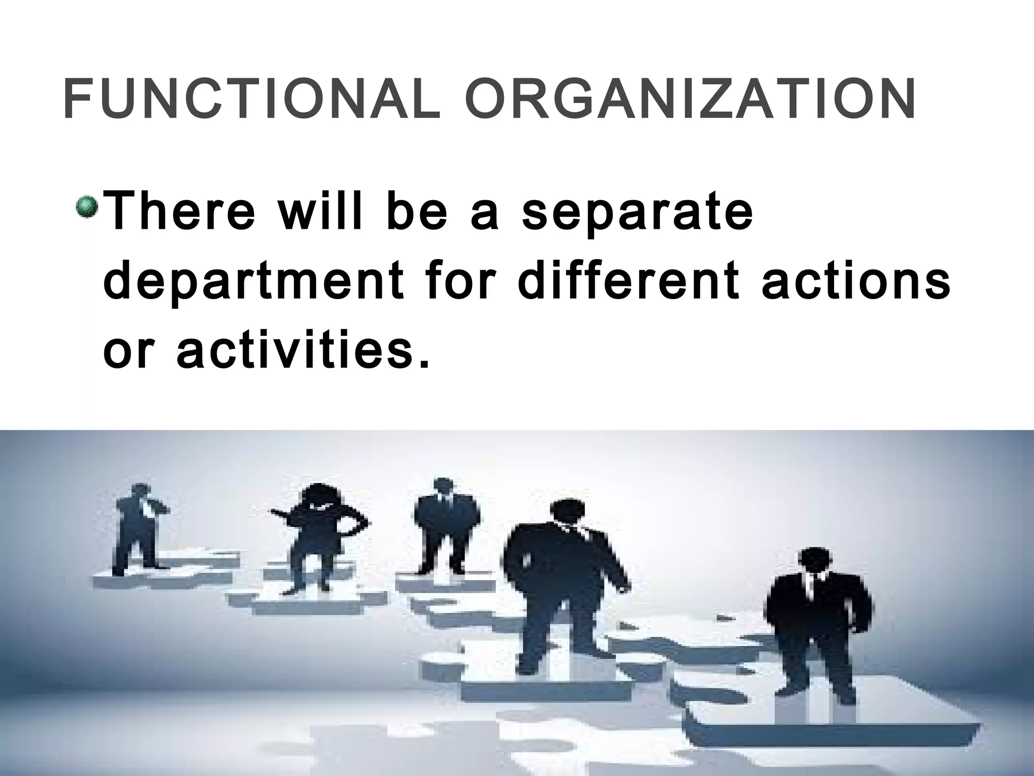 There will be a separate
department for different actions
or activities.
FUNCTIONAL ORGANIZATION
 