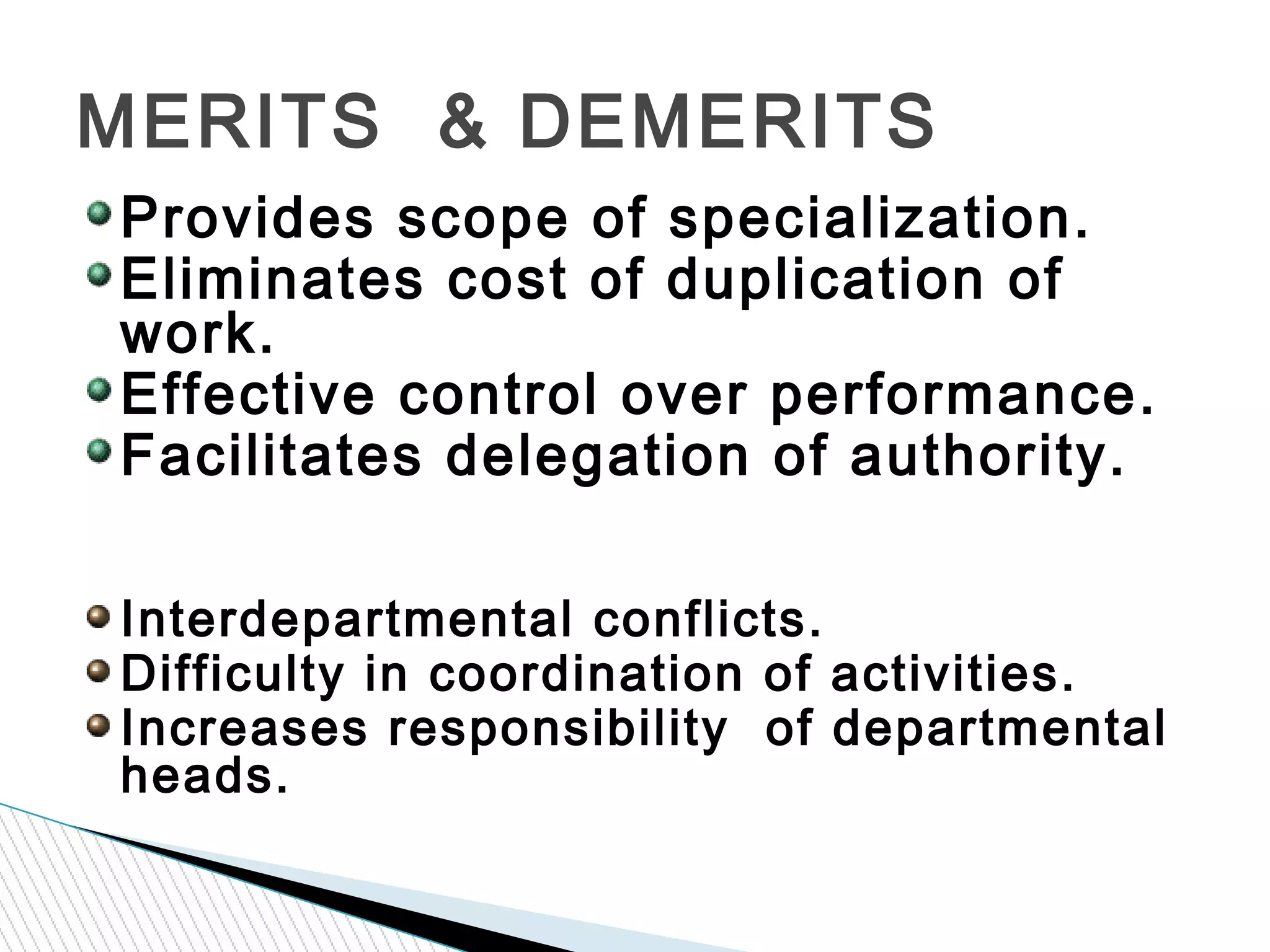 MERITS & DEMERITS
Provides scope of specialization.
Eliminates cost of duplication of
work.
Effective control over performance.
Facilitates delegation of authority.
Interdepartmental conflicts.
Difficulty in coordination of activities.
Increases responsibility of departmental
heads.
 