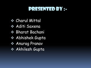 Presented By :






Charul Mittal
Aditi Saxena
Bharat Bachani
Abhishek Gupta
Anurag Pranav
Akhilesh Gupta

 