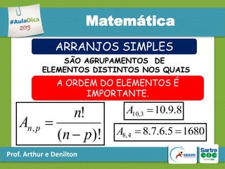 Matemática
ARRANJOS SIMPLES
SÃO AGRUPAMENTOS DE
ELEMENTOS DISTINTOS NOS QUAIS

A ORDEM DO ELEMENTOS É
IMPORTANTE.

An, p

n!

(n  p)!

Prof. Arthur e Denilton

A10,3  10.9.8
A8, 4  8.7.6.5  1680

 