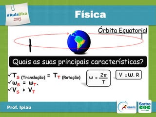 Física
Órbita Equatorial

Quais as suas principais características?
TS (Translação) = TT (Rotação)
ωS = ωT.
VS > VT
Prof. Ipiaú

V = ω. R

 