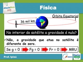 Física
Órbita Equatorial

No interior do satélite a gravidade é nula?
Não, a gravidade que atua no satélite é
diferente de zero.

Se g = 0
Prof. Ipiaú

Fg = 0

Fr = 0

MRU

 