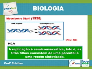 BIOLOGIA
Meselson e Stahl (1958)

ENEM- 2011
DICA:

A replicação é semiconservativa, isto é, as
fitas filhas consistem de uma parental e
uma recém-sintetizada.
Profª Cristina

 