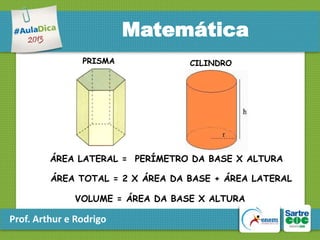Matemática
PRISMA

CILINDRO

ÁREA LATERAL = PERÍMETRO DA BASE X ALTURA
ÁREA TOTAL = 2 X ÁREA DA BASE + ÁREA LATERAL
VOLUME = ÁREA DA BASE X ALTURA

Prof. Arthur e Rodrigo

 