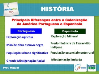 HISTÓRIA
Principais Diferenças entre a Colonização
da América Portuguesa e Espanhola
Portuguesa

Espanhola

Exploração agrícola

Exploração Mineral

Mão de obra escrava negra

Predominância da Escravidão
Indígena

População urbana significativa População essencialmente rural
Grande Miscigenação Racial
Prof. Miguel

Miscigenação limitada

 