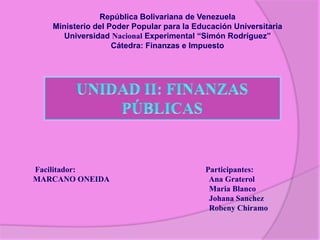 República Bolivariana de Venezuela
Ministerio del Poder Popular para la Educación Universitaria
Universidad Nacional Experimental “Simón Rodríguez”
Cátedra: Finanzas e Impuesto

Facilitador:
MARCANO ONEIDA

Participantes:
Ana Graterol
Maria Blanco
Johana Sanchez
Robeny Chiramo

 
