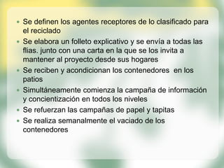  Se definen los agentes receptores de lo clasificado para







el reciclado
Se elabora un folleto explicativo y se envía a todas las
flias. junto con una carta en la que se los invita a
mantener al proyecto desde sus hogares
Se reciben y acondicionan los contenedores en los
patios
Simultáneamente comienza la campaña de información
y concientización en todos los niveles
Se refuerzan las campañas de papel y tapitas
Se realiza semanalmente el vaciado de los
contenedores

 