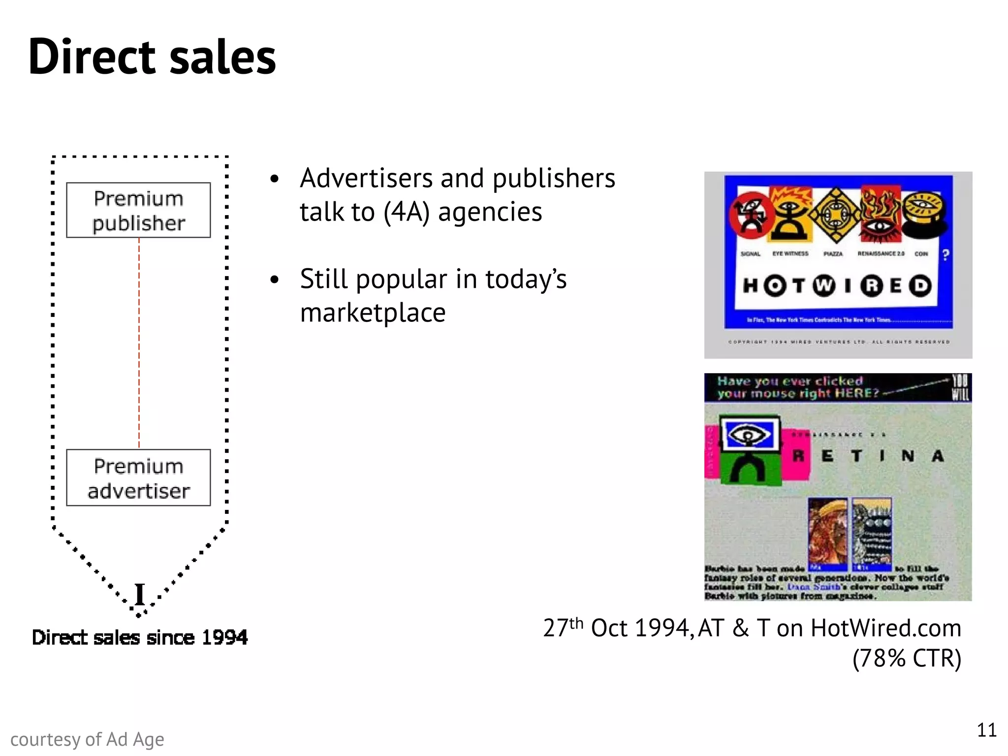 Direct sales
• Advertisers and publishers
talk to (4A) agencies
• Still popular in today’s
marketplace

27th Oct 1994, AT & T on HotWired.com
(78% CTR)
courtesy of Ad Age

11

 