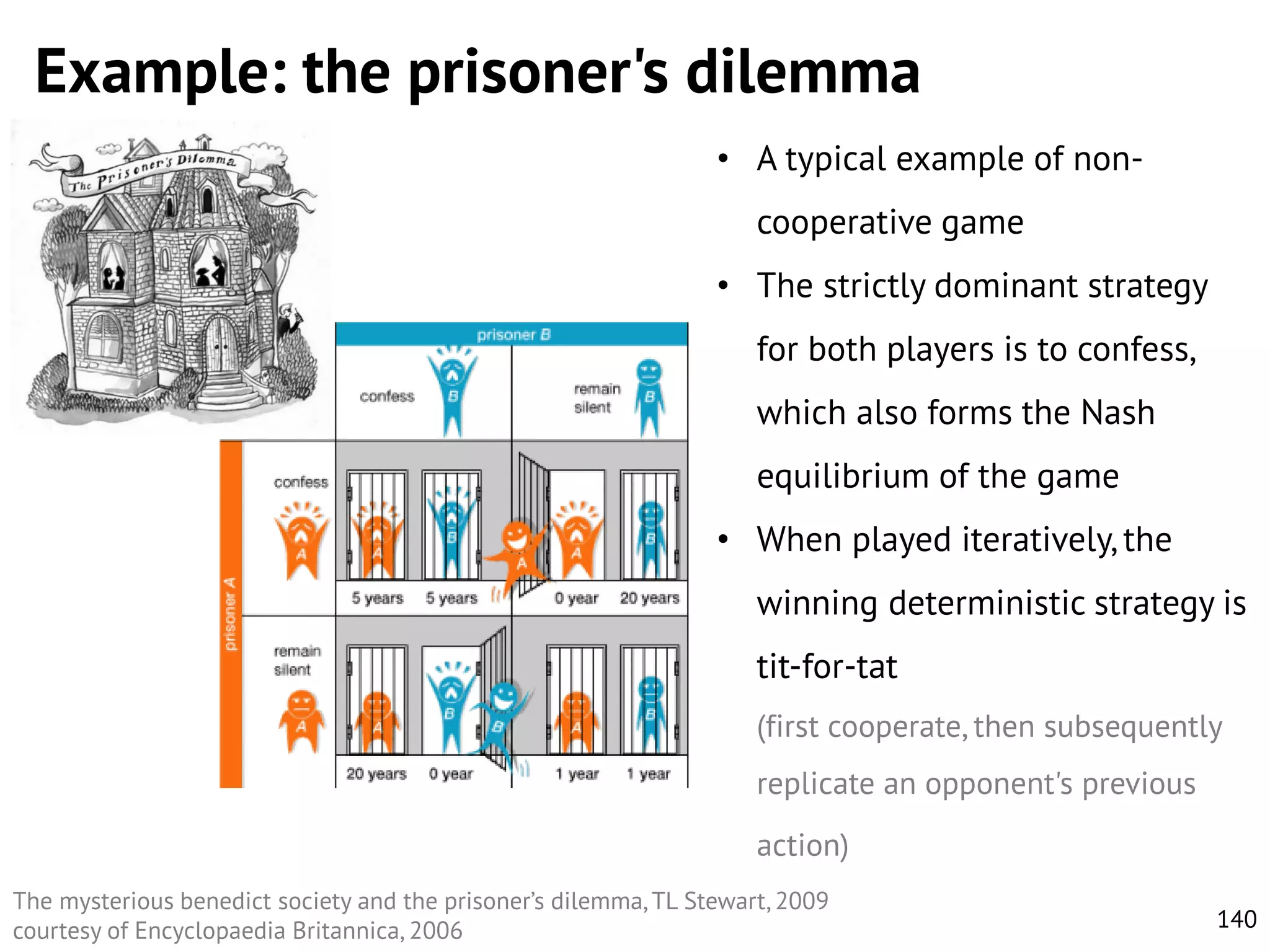 Example: the prisoner's dilemma
• A typical example of noncooperative game
• The strictly dominant strategy
for both players is to confess,
which also forms the Nash
equilibrium of the game
• When played iteratively, the
winning deterministic strategy is

tit-for-tat
(first cooperate, then subsequently
replicate an opponent's previous
action)
The mysterious benedict society and the prisoner’s dilemma, TL Stewart, 2009
courtesy of Encyclopaedia Britannica, 2006

140

 