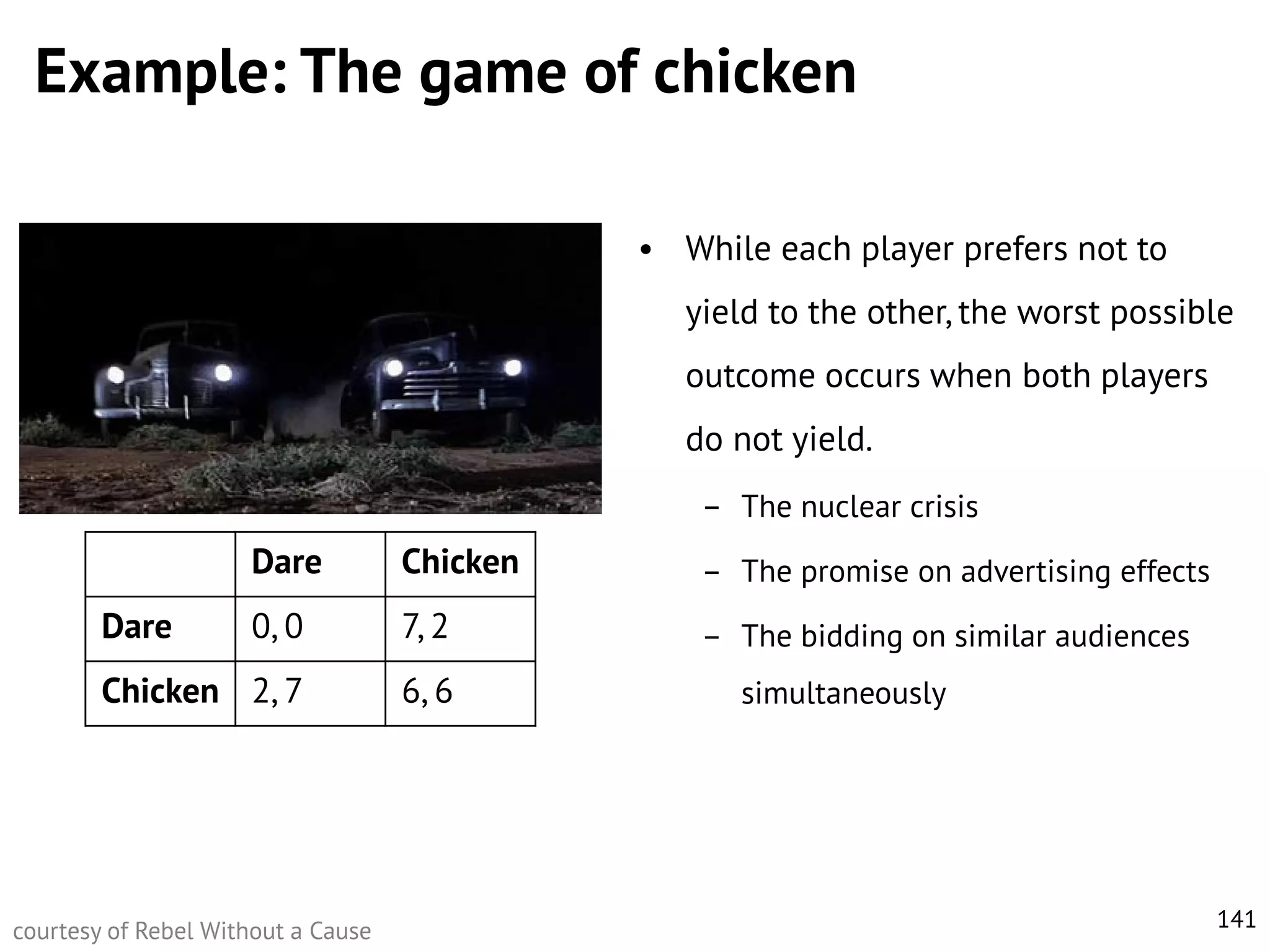 Example: The game of chicken
• While each player prefers not to
yield to the other, the worst possible
outcome occurs when both players
do not yield.
– The nuclear crisis

Dare

Chicken

– The promise on advertising effects

0, 0

7, 2

– The bidding on similar audiences

Chicken 2, 7

6, 6

Dare

courtesy of Rebel Without a Cause

simultaneously

141

 