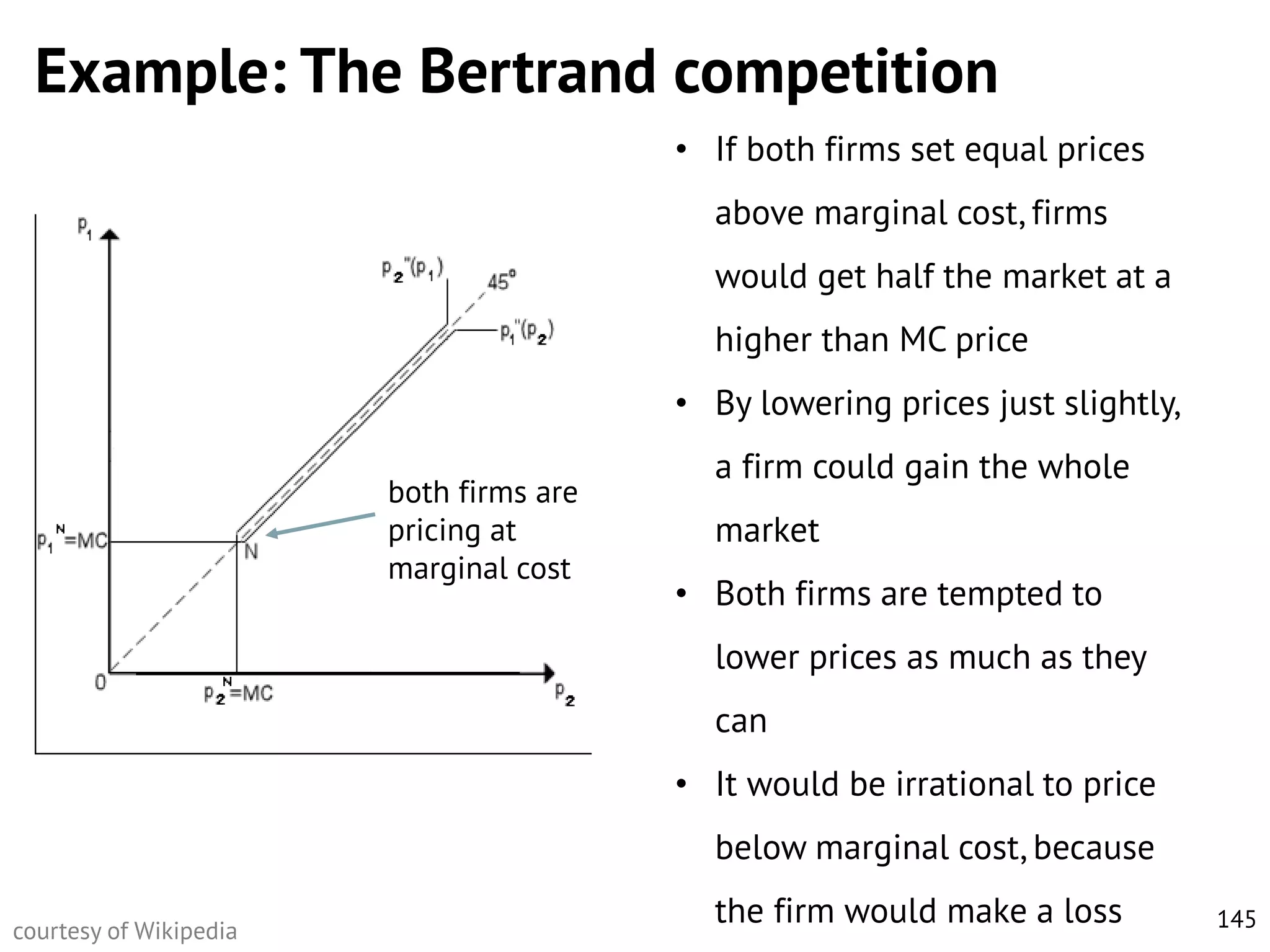Example: The Bertrand competition
• If both firms set equal prices
above marginal cost, firms
would get half the market at a

higher than MC price
• By lowering prices just slightly,
both firms are
pricing at
marginal cost

a firm could gain the whole
market
• Both firms are tempted to
lower prices as much as they
can
• It would be irrational to price
below marginal cost, because

courtesy of Wikipedia

the firm would make a loss

145

 