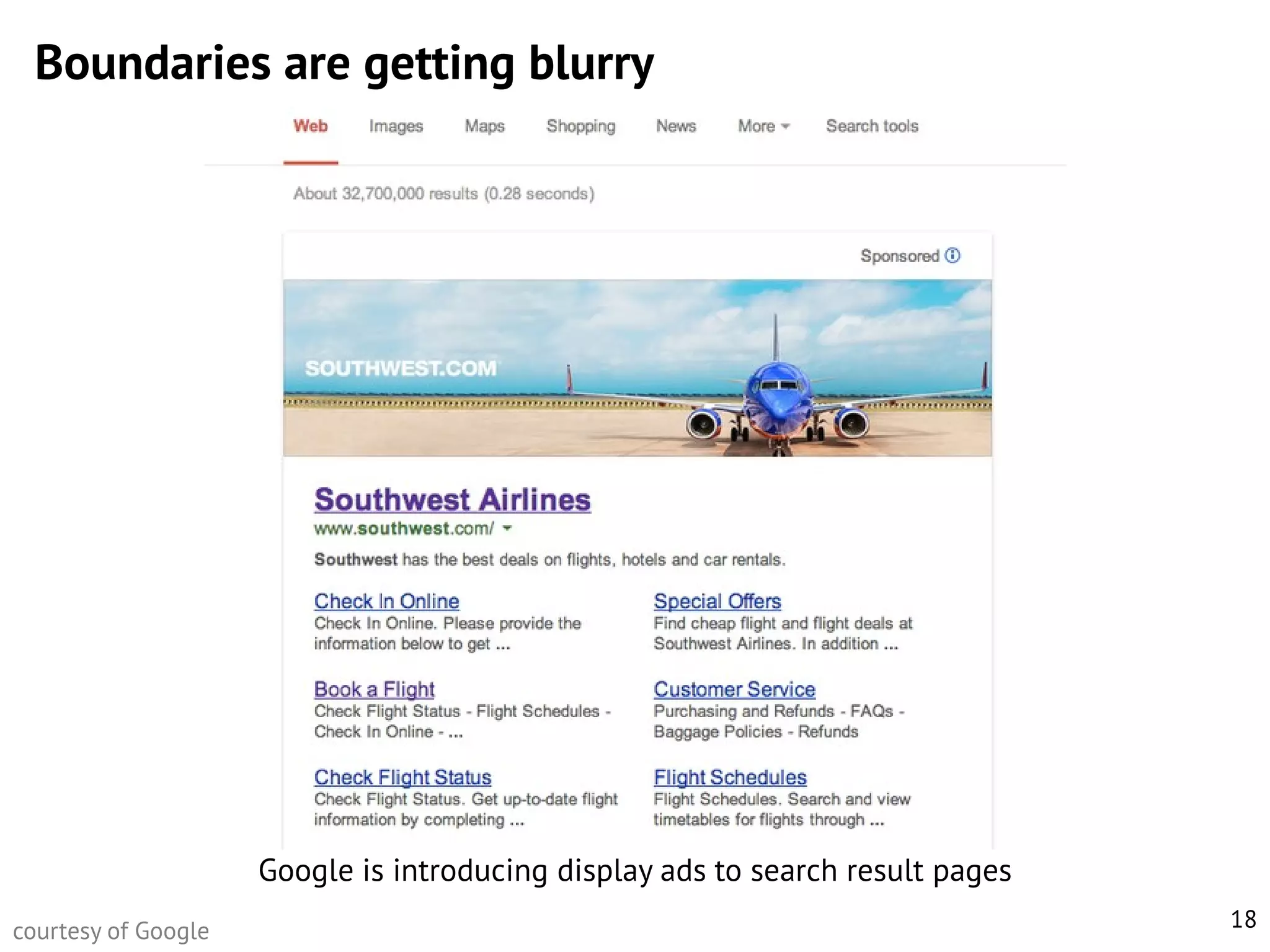 Boundaries are getting blurry

Google is introducing display ads to search result pages
courtesy of Google

18

 
