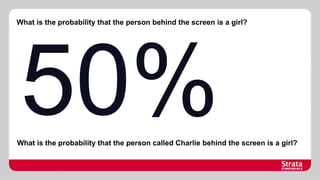 What is the probability that the person behind the screen is a girl?

50%

What is the probability that the person called Charlie behind the screen is a girl?

 
