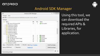 Android SDK Manager
Using this tool, we
can download the
required APIs &
Libraries, for
application.

 