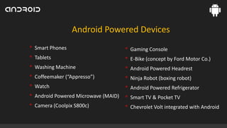 Android Powered Devices
• Smart Phones
• Tablets
• Washing Machine
• Coffeemaker (“Appresso”)
• Watch
• Android Powered Microwave (MAID)
• Camera (Coolpix S800c)

• Gaming Console
• E-Bike (concept by Ford Motor Co.)
• Android Powered Headrest
• Ninja Robot (boxing robot)
• Android Powered Refrigerator
• Smart TV & Pocket TV
• Chevrolet Volt integrated with Android

 