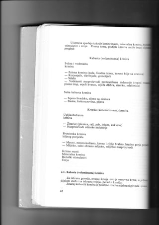 . Y ktryiya spadaju takode krmne masti, mineralna krmir,*
stimularivi i ureia. prema tom., poaj.ia't._iuu
.;;;;;

pregled:

Kabasta (voluminozna) krmiva
Sodna i vodenasta

krmiva

- 11:i1,lrniy? (pa:u: tivadna trava, krmno
I:grJenJace, tlkvenJade, gomoljade
- SilaZa
-

bilje sa oranica

_,-. Ygg.nusti .nusproizvodi .prehrambene industrije (repiru :
prvskr trop, svjeZi kvasac, svjeZa dLibra,

sirutka,

*6i;i;i-

Suha kabasta krmiva

-

Sijeno livadsko, sijeno sa oranica
Slama, kukuruzovlna, pljeva

Krepka (koncentrovana) krmiva
Ugljikohidratna
krmiva
edam,
- 3l:::= -!g111ica,, a!, industrije k uk uruz)
rusprolzvodr mlinske 1ob.,j
r

-

Proteinska krmiva
biljnog porijekla

Yg.!no, mesno-ko5tano, krvno i
li.qlJ,e
Mlijeko, suho obrano rntU"t o, mt{ecnlbra5no, bra5no perja
nusproizvodi
Krmne masti
Mineralna krmiva
Bioloiki stimulativi

-

Ureja

2.1, Kabasta (voluminozna) krmiva
Za ishranu n"u?9ll ovaca.i konja
je osnovna krma, a i
_9yo
dijelom sluZi i zi ishranu svrnJa, peradi
znaEaj kabastih krmiva

42

i

kuni6a.

jffi.'.LiJirruzi. u i.t.ani goveda i or

 