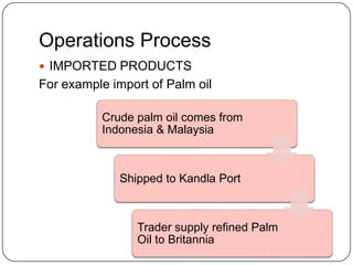Operations Process
 IMPORTED PRODUCTS

For example import of Palm oil
Crude palm oil comes from
Indonesia & Malaysia

Shipped to Kandla Port

Trader supply refined Palm
Oil to Britannia

 