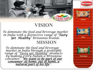VISION
To dominate the food and beverage market
in India with a distinctive range of “Tasty
Yet Healthy” Britannia brands.

MISSION
To dominate the food and beverage
market in India through a profitable
range of “Tasty yet Healthy” products
by making every Indian a Britannia
consumer. “We want to be part of our
consumer- at home, out of home, a
natural part of his life”.

 