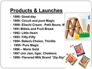 Products & Launches
• 1986- Good-day
• 1989- Circuit and pure Magic

• 1990- Eliachi Cream , Petit Beure, Milk
• 1991-Bikkis and Fruit Bread.
• 1992- Little Heart
• 1993- Fifty-Fifty
• 1994- Bakers Choice, Thinlite
•

1995- Pure Magic
• 1996 – Marie Gold
• 1997-Jim Jam, tiger, Chekkers
• 1999- Flavored Milk Brand “Zip-Sip”

 