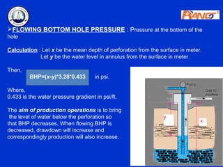 FLOWING BOTTOM HOLE PRESSURE : Pressure at the bottom of the
hole

Calculation : Let x be the mean depth of perforation from the surface in meter.
             Let y be the water level in annulus from the surface in meter.

Then,
         BHP=(x-y)*3.28*0.433        in psi.

Where,
0.433 is the water pressure gradient in psi/ft.

The aim of production operations is to bring
 the level of water below the perforation so
that BHP decreases. When flowing BHP is
decreased, drawdown will increase and
correspondingly production will also increase.
 