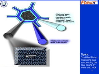 Figure :
Coal Bed Matrix
illustrating gas
surrounding the
coal bound by
water and rock
          43
 
