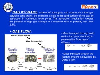  GAS STORAGE: Instead of occupying void spaces as a free gas
between sand grains, the methane is held to the solid surface of the coal by
adsorption in numerous micro pores. The adsorption mechanism creates
the paradox of high gas storage in a reservoir rock of porosity less than
2.5%.

 GAS FLOW:
                                              • Mass transport through solid
                                              coal (micro pore structure) is
                                              governed by Ficks law of
                                              diffusion,



                                               • Mass transport through the
                                               fracture system is governed by
                                               Darcy’s law,
 