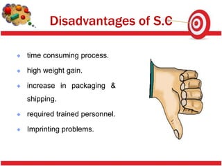 Disadvantages of S.C

time consuming process.

high weight gain.

increase in packaging &
shipping.

required trained personnel.

Imprinting problems.
 
