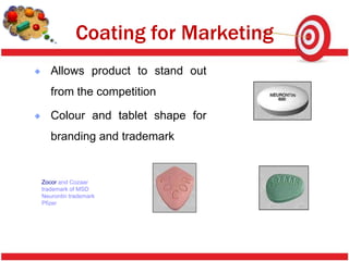 Coating for Marketing
   Allows product to stand out
   from the competition

   Colour and tablet shape for
   branding and trademark


Zocor and Cozaar
trademark of MSD
Neurontin trademark
Pfizer
 