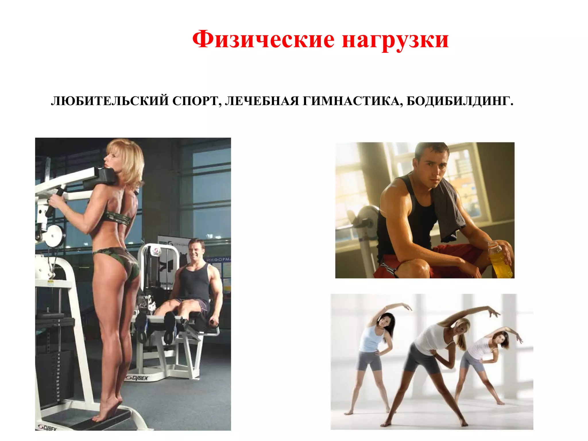 Физические нагрузки
ЛЮБИТЕЛЬСКИЙ СПОРТ, ЛЕЧЕБНАЯ ГИМНАСТИКА, БОДИБИЛДИНГ.

 