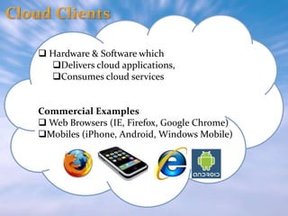  Hardware & Software which
Delivers cloud applications,
Consumes cloud services

Commercial Examples
 Web Browsers (IE, Firefox, Google Chrome)
Mobiles (iPhone, Android, Windows Mobile)

 