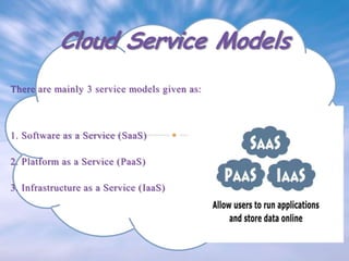 There are mainly 3 service models given as:

1. Software as a Service (SaaS)
2. Platform as a Service (PaaS)
3. Infrastructure as a Service (IaaS)

 