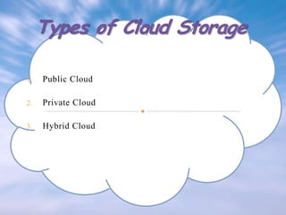 1.

Public Cloud

2.

Private Cloud

3.

Hybrid Cloud

 
