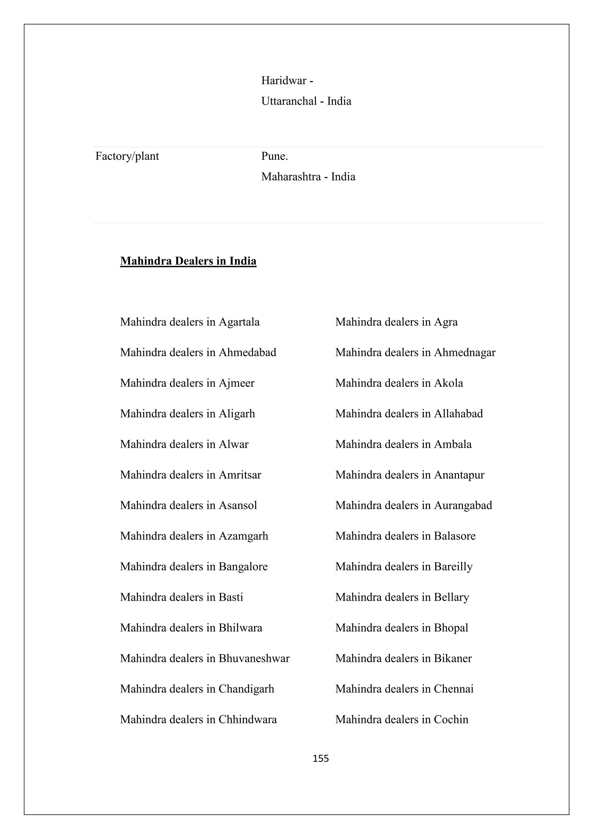 Haridwar Uttaranchal - India

Factory/plant

Pune.
Maharashtra - India

Mahindra Dealers in India

Mahindra dealers in Agartala

Mahindra dealers in Agra

Mahindra dealers in Ahmedabad

Mahindra dealers in Ahmednagar

Mahindra dealers in Ajmeer

Mahindra dealers in Akola

Mahindra dealers in Aligarh

Mahindra dealers in Allahabad

Mahindra dealers in Alwar

Mahindra dealers in Ambala

Mahindra dealers in Amritsar

Mahindra dealers in Anantapur

Mahindra dealers in Asansol

Mahindra dealers in Aurangabad

Mahindra dealers in Azamgarh

Mahindra dealers in Balasore

Mahindra dealers in Bangalore

Mahindra dealers in Bareilly

Mahindra dealers in Basti

Mahindra dealers in Bellary

Mahindra dealers in Bhilwara

Mahindra dealers in Bhopal

Mahindra dealers in Bhuvaneshwar

Mahindra dealers in Bikaner

Mahindra dealers in Chandigarh

Mahindra dealers in Chennai

Mahindra dealers in Chhindwara

Mahindra dealers in Cochin
155

 
