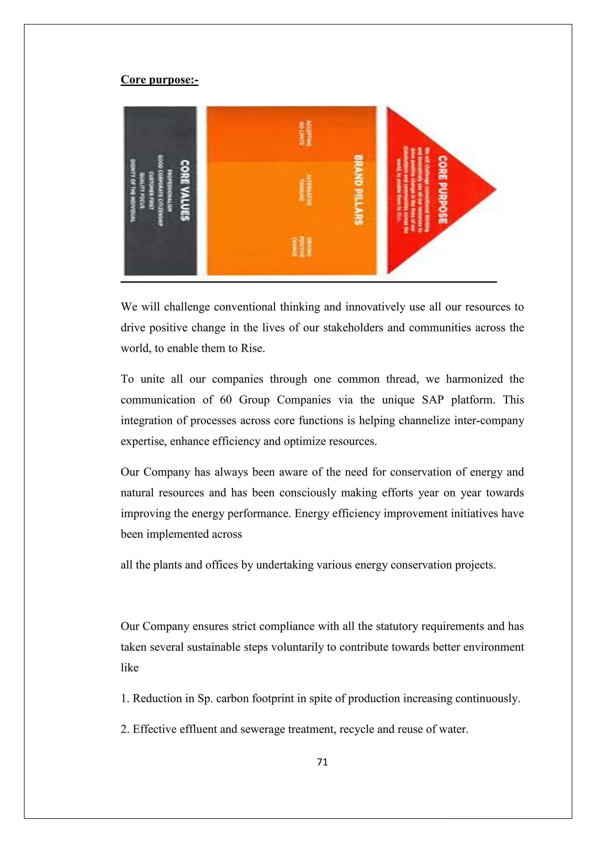 Core purpose:-

We will challenge conventional thinking and innovatively use all our resources to
drive positive change in the lives of our stakeholders and communities across the
world, to enable them to Rise.
To unite all our companies through one common thread, we harmonized the
communication of 60 Group Companies via the unique SAP platform. This
integration of processes across core functions is helping channelize inter-company
expertise, enhance efficiency and optimize resources.
Our Company has always been aware of the need for conservation of energy and
natural resources and has been consciously making efforts year on year towards
improving the energy performance. Energy efficiency improvement initiatives have
been implemented across
all the plants and offices by undertaking various energy conservation projects.

Our Company ensures strict compliance with all the statutory requirements and has
taken several sustainable steps voluntarily to contribute towards better environment
like
1. Reduction in Sp. carbon footprint in spite of production increasing continuously.
2. Effective effluent and sewerage treatment, recycle and reuse of water.
71

 
