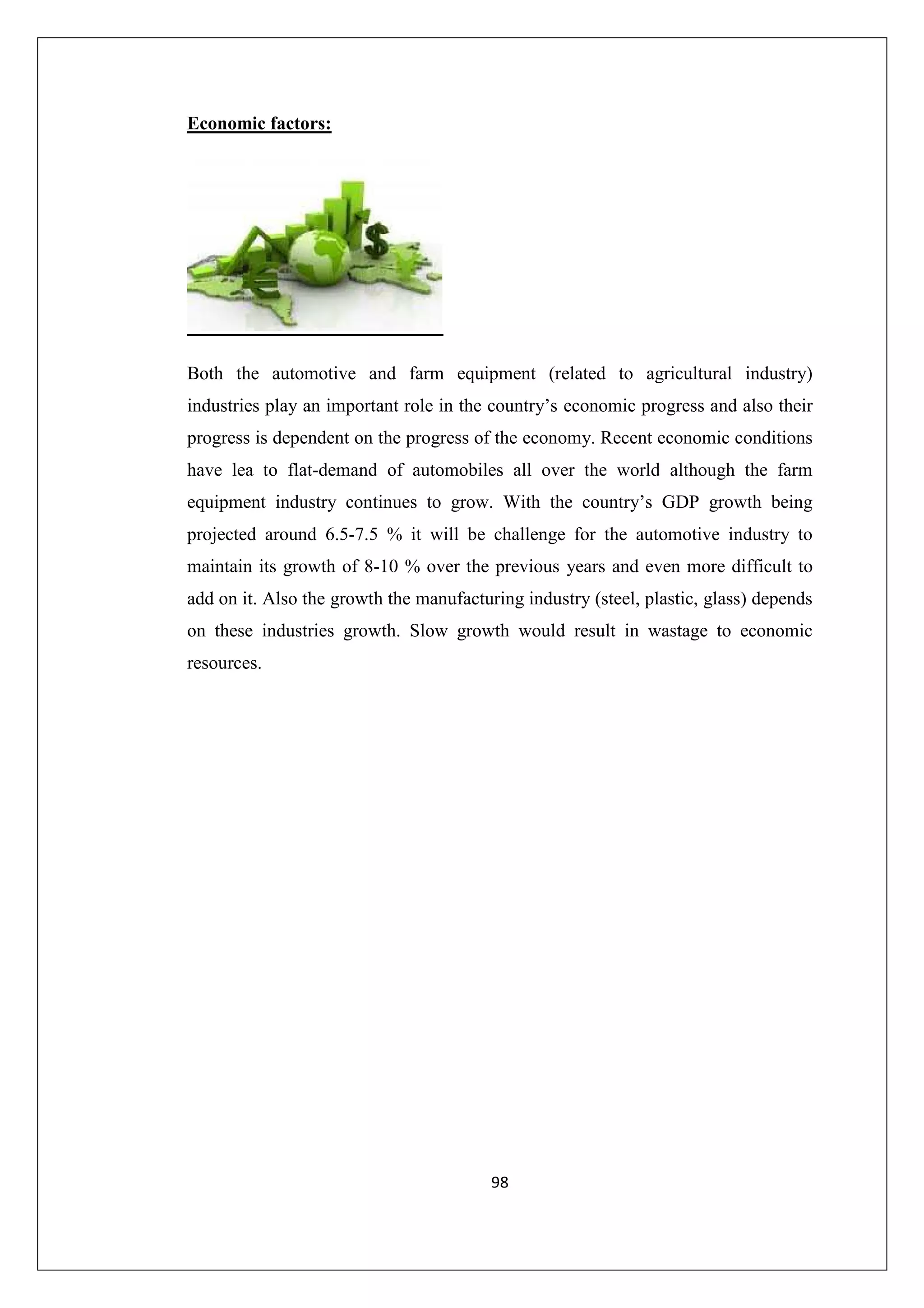 Economic factors:

Both the automotive and farm equipment (related to agricultural industry)
industries play an important role in the country’s economic progress and also their
progress is dependent on the progress of the economy. Recent economic conditions
have lea to flat-demand of automobiles all over the world although the farm
equipment industry continues to grow. With the country’s GDP growth being
projected around 6.5-7.5 % it will be challenge for the automotive industry to
maintain its growth of 8-10 % over the previous years and even more difficult to
add on it. Also the growth the manufacturing industry (steel, plastic, glass) depends
on these industries growth. Slow growth would result in wastage to economic
resources.

98

 