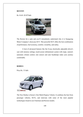 130
REXTON
Rs 18.69- 20.92*lakh
The Rexton for a spin and you’ll immediately understand why it is Ssangyong
Motor Company’s showcase SUV. This powerful SUV offers the best combination
of performance, fuel economy, comfort, versatility, and safety.
A host of advanced features like the 8-way electrically adjustable driver's
seat with memory settings, touch-screen infotainment system with maps, sunroof,
automatic climate control, rain sensors and auto headlamps make your journey
comfortable.
RODIUS
Price Rs. 15 lakh
The New Rodius is Korea’s first Multi-Purpose Vehicle. It combines the best from
passenger vehicles, SUVs, and minivans with some of the most popular
technologies found in our Chairman and Rexton models.
 