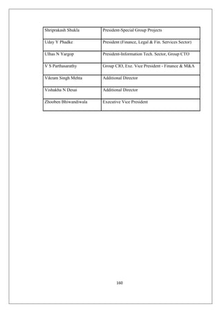 160
Shriprakash Shukla President-Special Group Projects
Uday Y Phadke President (Finance, Legal  Fin. Services Sector)
Ulhas N Yargop President-Information Tech. Sector, Group CTO
V S Parthasarathy Group CIO, Exe. Vice President - Finance  MA
Vikram Singh Mehta Additional Director
Vishakha N Desai Additional Director
Zhooben Bhiwandiwala Executive Vice President
 